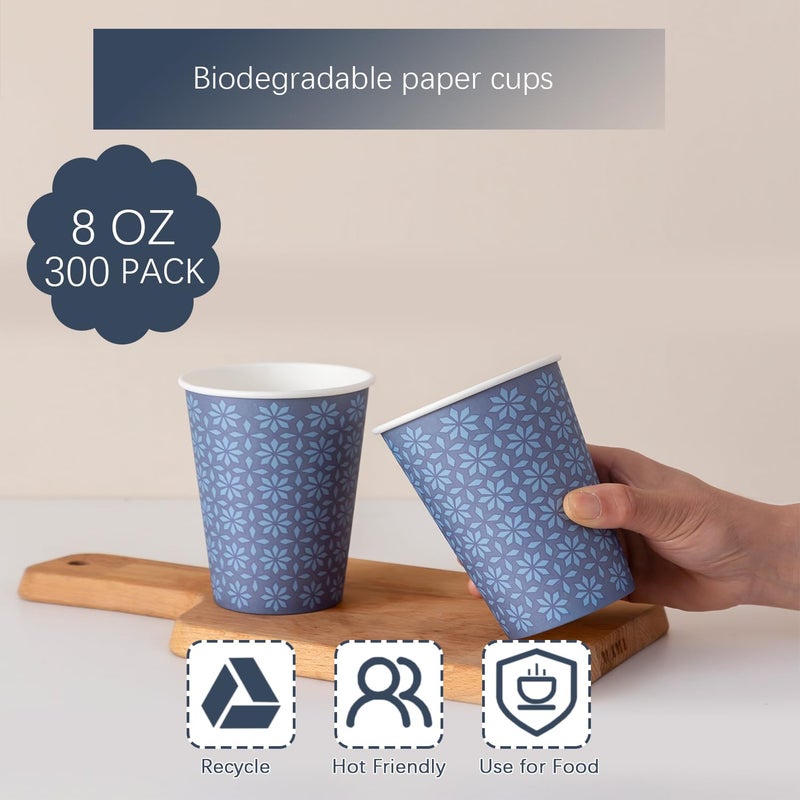 Clawsoff 300 Pack Paper Cups 8 oz, Disposable Hot/Cold Beverage Drinking Cups, 8 OZ Paper Coffee Cups, Navy Floral Coffee Cups for Party, Picnic, Travel, and Events. - Image 4