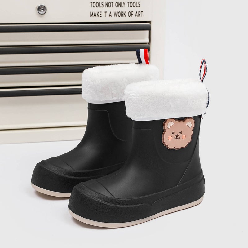 Fashion Short Tube Rain Boots with Plush Lining Black [plus velvet cover] 009-1 need to order a larger size 