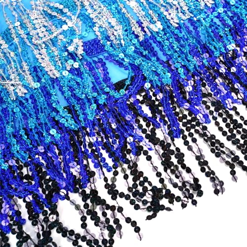 Fenyong Women's Sequin Tassel Skirts Sparkly Rave Fringe Hip Scarf for Festival Costume(Silver/Blue/Blue) - Image 5