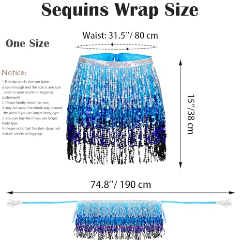 Fenyong Women's Sequin Tassel Skirts Sparkly Rave Fringe Hip Scarf for Festival Costume(Silver/Blue/Blue) - Image 3