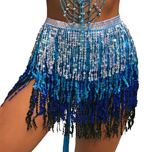 Fenyong Women's Sequin Tassel Skirts Sparkly Rave Fringe Hip Scarf for Festival Costume(Silver/Blue/Blue) - Image 1