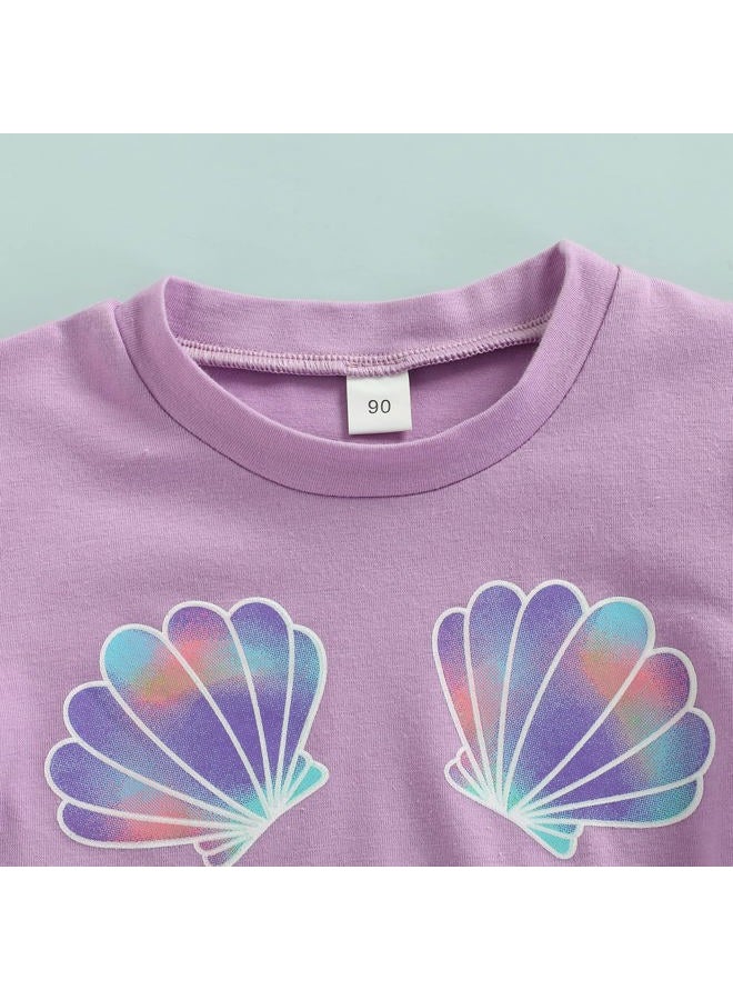 Lamuusaa Toddler Kid Baby Girls Outfits Fly Sleeve Shell Crop Tops T-Shirt Mermaid Flared Pants Summer Birthday Clothes 1-6T, Purple, 2-3T - Image 2