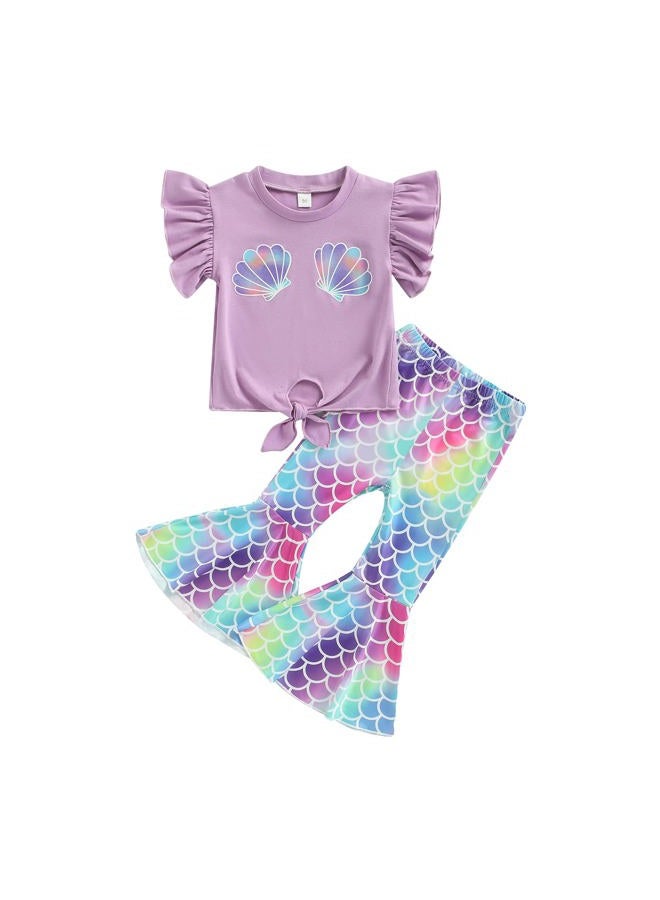 Lamuusaa Toddler Kid Baby Girls Outfits Fly Sleeve Shell Crop Tops T-Shirt Mermaid Flared Pants Summer Birthday Clothes 1-6T, Purple, 2-3T - Image 1