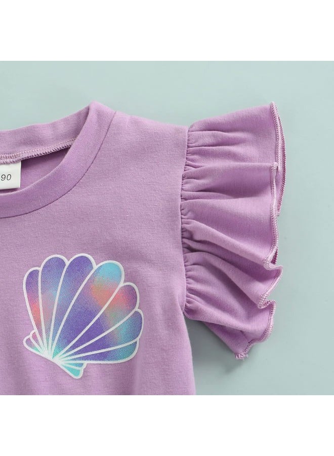 Lamuusaa Toddler Kid Baby Girls Outfits Fly Sleeve Shell Crop Tops T-Shirt Mermaid Flared Pants Summer Birthday Clothes 1-6T, Purple, 2-3T - Image 3