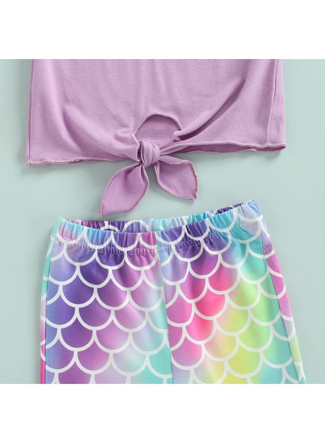 Lamuusaa Toddler Kid Baby Girls Outfits Fly Sleeve Shell Crop Tops T-Shirt Mermaid Flared Pants Summer Birthday Clothes 1-6T, Purple, 2-3T - Image 4