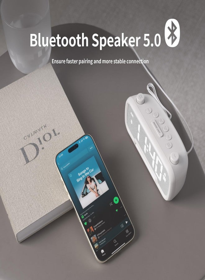 OnLyee Alarm Clock Bluetooth Speaker with FM Radio, High Fidelity Sound, Bedside Clock with 2 USB Chargers, Adjustable Dimmer, Night Light, Auto-off Timer, Ideal for Bedroom, Home Office and Dorm Room(White) - Image 4