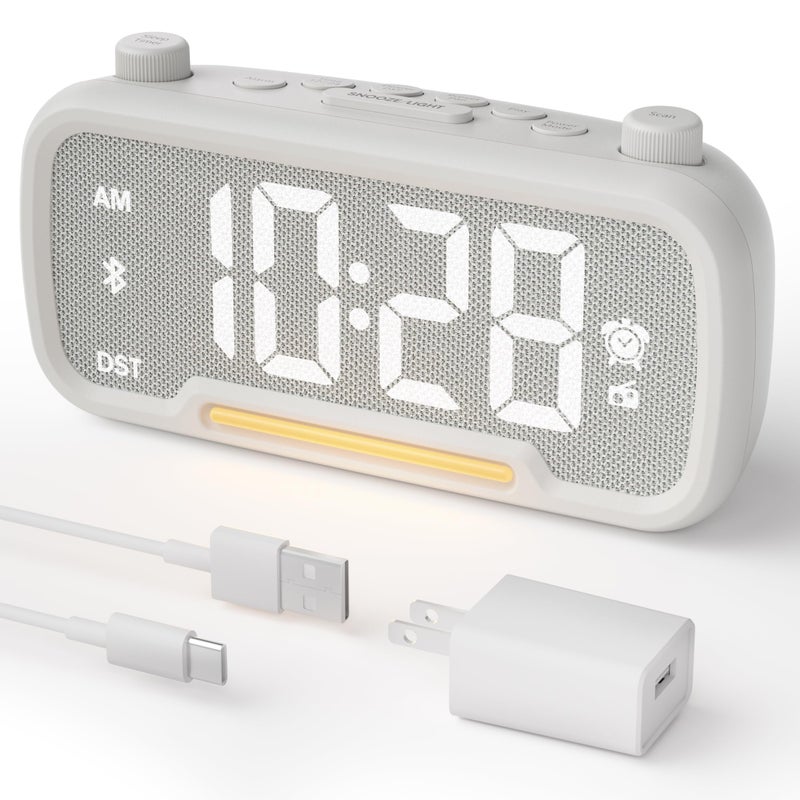 OnLyee Alarm Clock Bluetooth Speaker with FM Radio, High Fidelity Sound, Bedside Clock with 2 USB Chargers, Adjustable Dimmer, Night Light, Auto-off Timer, Ideal for Bedroom, Home Office and Dorm Room(White) - Image 1