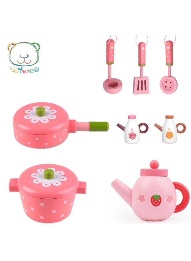 Wooden Kitchen Playset Toy With Flat Bottom Pan Fried Food Toy Simulation Home Role Play Children Educational Toy ToyWoo-Color:Powder Teapot - Image 2