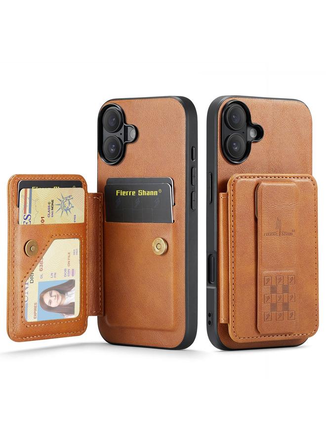 Case For iPhone 16 Fierre Shann Oil Wax Cow Leather Card Holder Back Phone Case