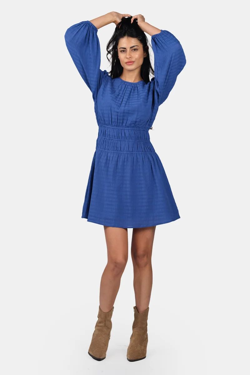 فيرجيو Solid Viscose Bishop Sleeve Mini Dress for Women