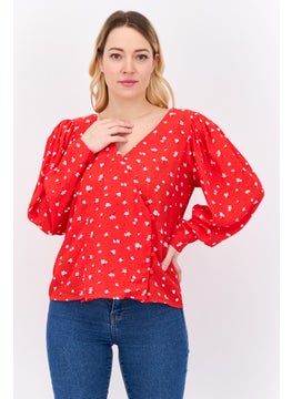 MANGO Women Surplice Neck Long Sleeves Floral Pattern Blouse, Red  - Image 1