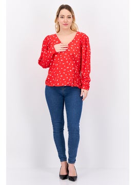 MANGO Women Surplice Neck Long Sleeves Floral Pattern Blouse, Red  - Image 4