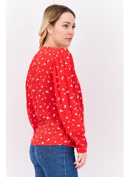 MANGO Women Surplice Neck Long Sleeves Floral Pattern Blouse, Red  - Image 2