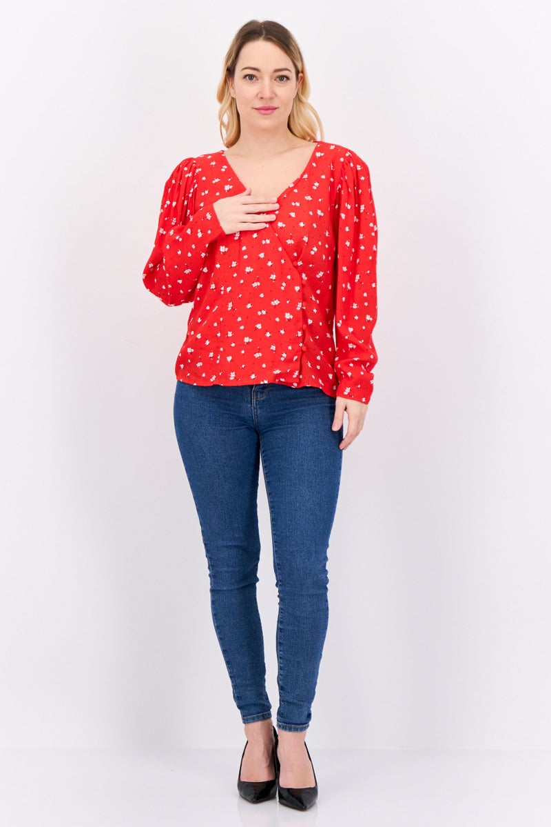MANGO بلوزة نسائية بأكمام طويلة ونقشة زهور على شكل حرف V، حمراء - Image 4
