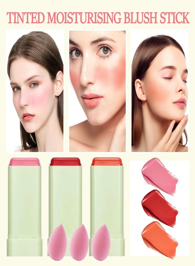 LZYLLS 3 Colors Blush Stick,Multi-Use Cream Blush,Waterproofing Highly Pigmented Makeup Stick,Moisturizing Makeup Cream Set with Blender Sponge - Image 2