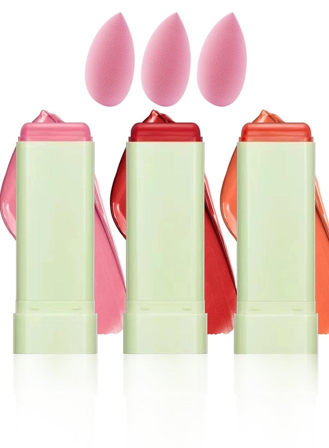 LZYLLS 3 Colors Blush Stick,Multi-Use Cream Blush,Waterproofing Highly Pigmented Makeup Stick,Moisturizing Makeup Cream Set with Blender Sponge - Image 1