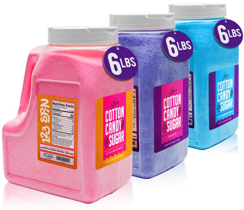 The Candery The Candery Cotton Candy Floss Sugar 6lbs 96oz jars- 3 Pack Strawberry, Raspberry Blue and Grape Easy Pour Easy Grip Reusable Jars  - Image 1