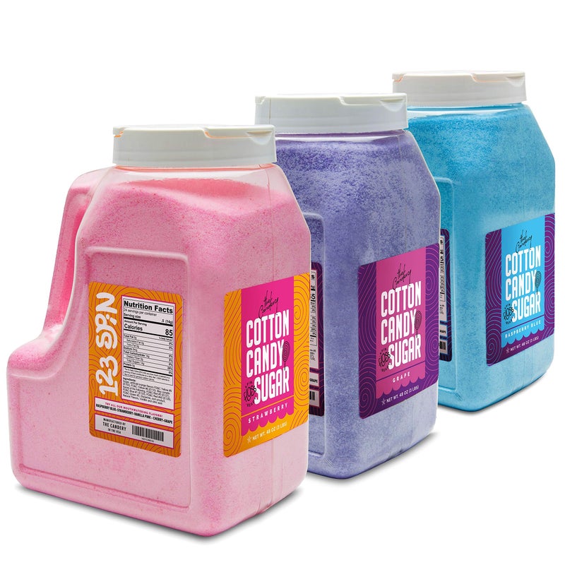 The Candery The Candery Cotton Candy Floss Sugar 6lbs 96oz jars- 3 Pack Strawberry, Raspberry Blue and Grape Easy Pour Easy Grip Reusable Jars  - Image 5