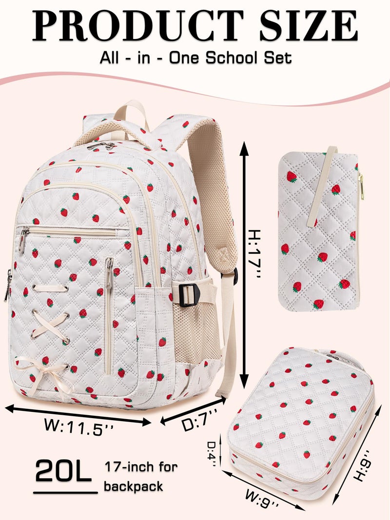 TuErCao Cute Strawberry Print Backpack with Lunch Box and Pencil Case for Girls Teens Kids for Age 8-10 10-12 12-14 Kawaii Backpack for Elementary Middle High School Bookbag Mochila Para Niñas - Image 4