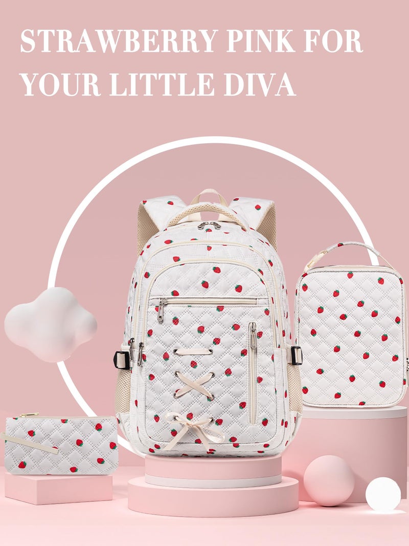TuErCao Cute Strawberry Print Backpack with Lunch Box and Pencil Case for Girls Teens Kids for Age 8-10 10-12 12-14 Kawaii Backpack for Elementary Middle High School Bookbag Mochila Para Niñas - Image 5
