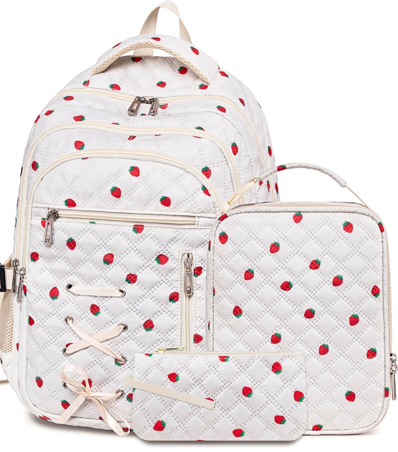 TuErCao Cute Strawberry Print Backpack with Lunch Box and Pencil Case for Girls Teens Kids for Age 8-10 10-12 12-14 Kawaii Backpack for Elementary Middle High School Bookbag Mochila Para Niñas - Image 1