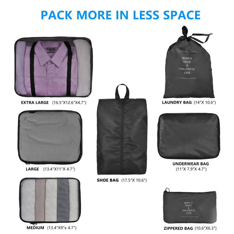 Travel Luggage Organizers: 7 Pcs Black Set - Waterproof Oxford Fabric Compression Design, Save 30% Extra Space, Zipper Closure Packing Cubes for Short Long Business Trips, Travelers, Suitcases Backpac - Image 3