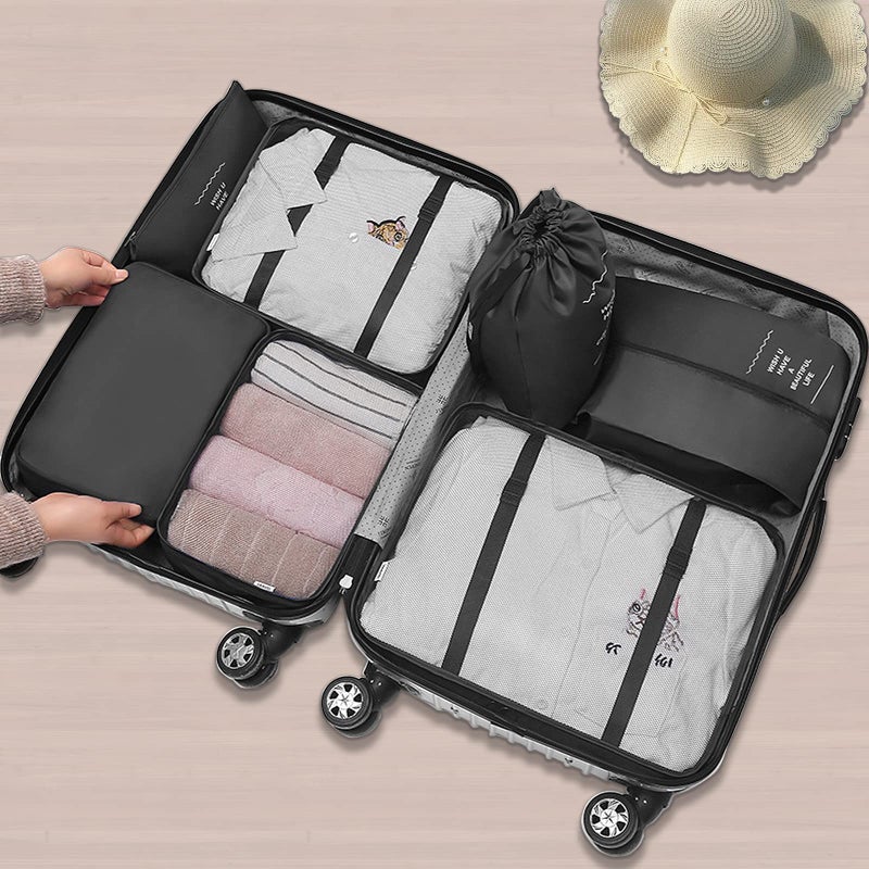 Travel Luggage Organizers: 7 Pcs Black Set - Waterproof Oxford Fabric Compression Design, Save 30% Extra Space, Zipper Closure Packing Cubes for Short Long Business Trips, Travelers, Suitcases Backpac - Image 2