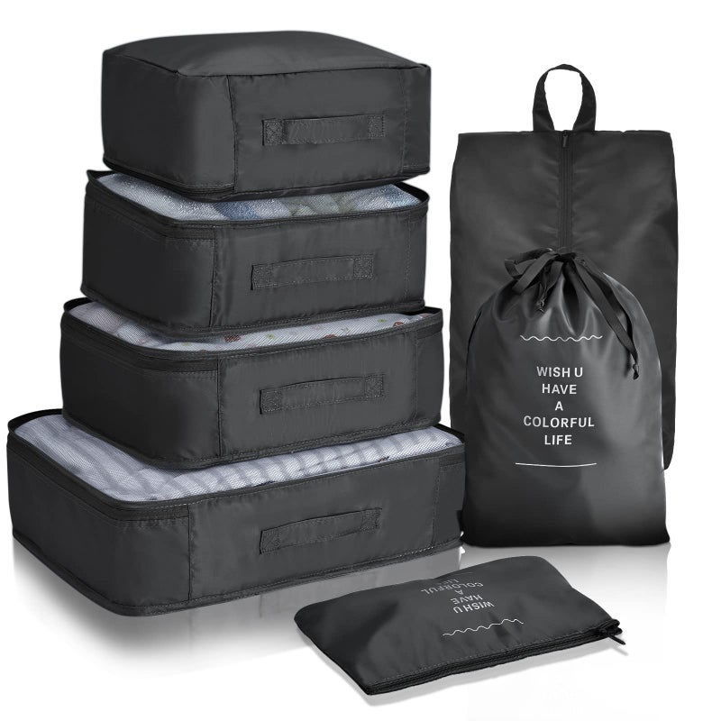Travel Luggage Organizers: 7 Pcs Black Set - Waterproof Oxford Fabric Compression Design, Save 30% Extra Space, Zipper Closure Packing Cubes for Short Long Business Trips, Travelers, Suitcases Backpac - Image 1