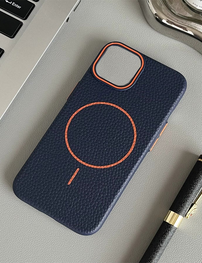 Magsafe Phone Case For iPhone 11 Pro Max With High Quality Rubber Frame And Slim Lychee Pattern Leather Case with Camera Lens Protection Shockproof Cover And support wireless Charging Leather Cover for iPhone 11 Pro Max - Blue/Orange - Image 2