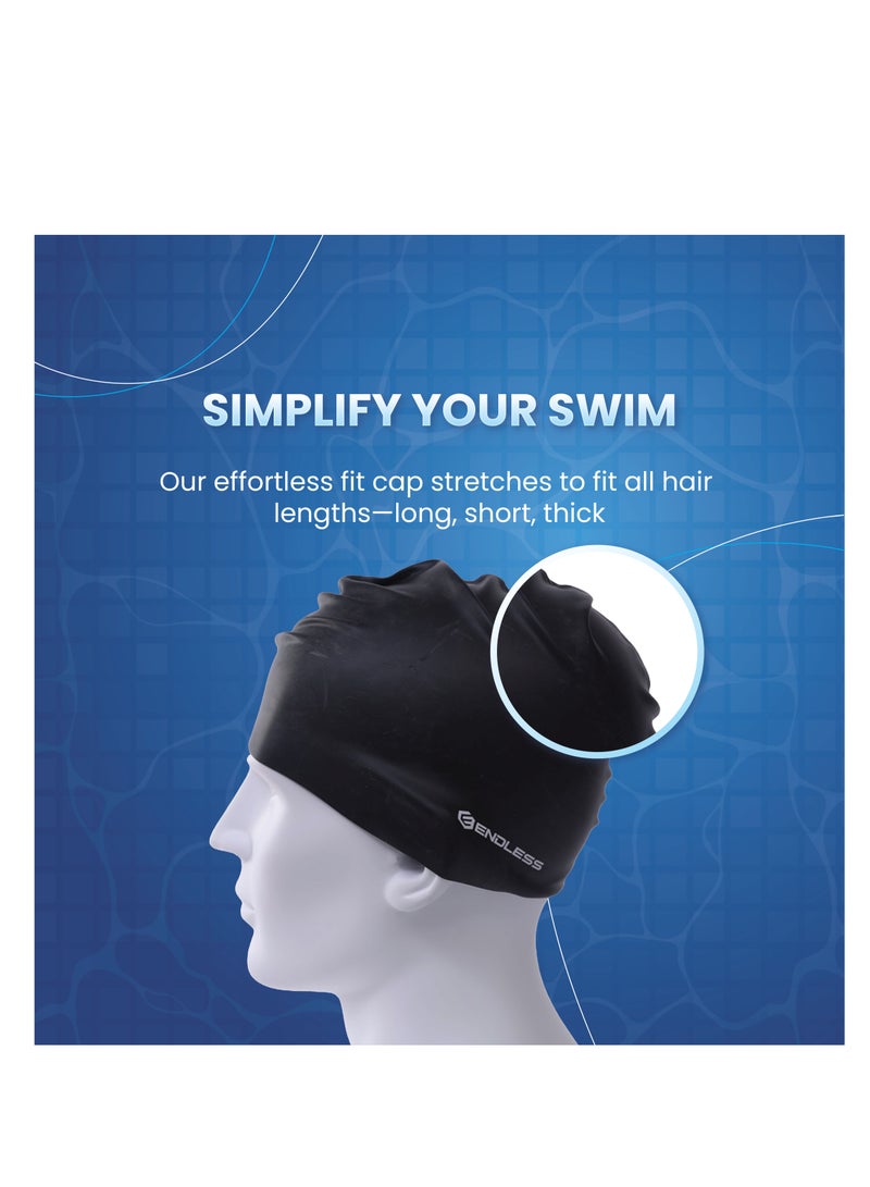 بلا نهاية قبعة سباحة كلاسيكية مريحة من السيليكون EL1019 | المادة : سيليكون | قبعة سباحة مرنة بالكامل مقاومة للماء للشعر الطويل والقصير مع حافة أكثر سمكًا | للبالغين والنساء والرجال - Image 3