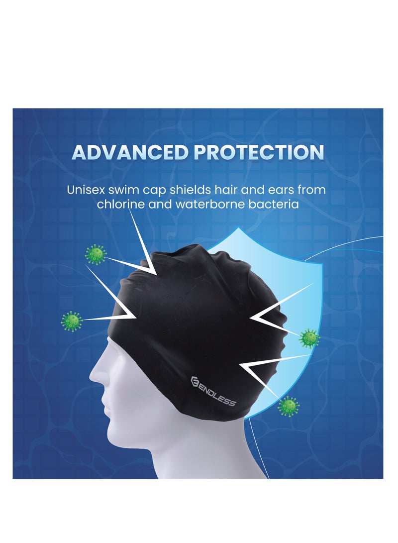 بلا نهاية قبعة سباحة كلاسيكية مريحة من السيليكون EL1019 | المادة : سيليكون | قبعة سباحة مرنة بالكامل مقاومة للماء للشعر الطويل والقصير مع حافة أكثر سمكًا | للبالغين والنساء والرجال - Image 4
