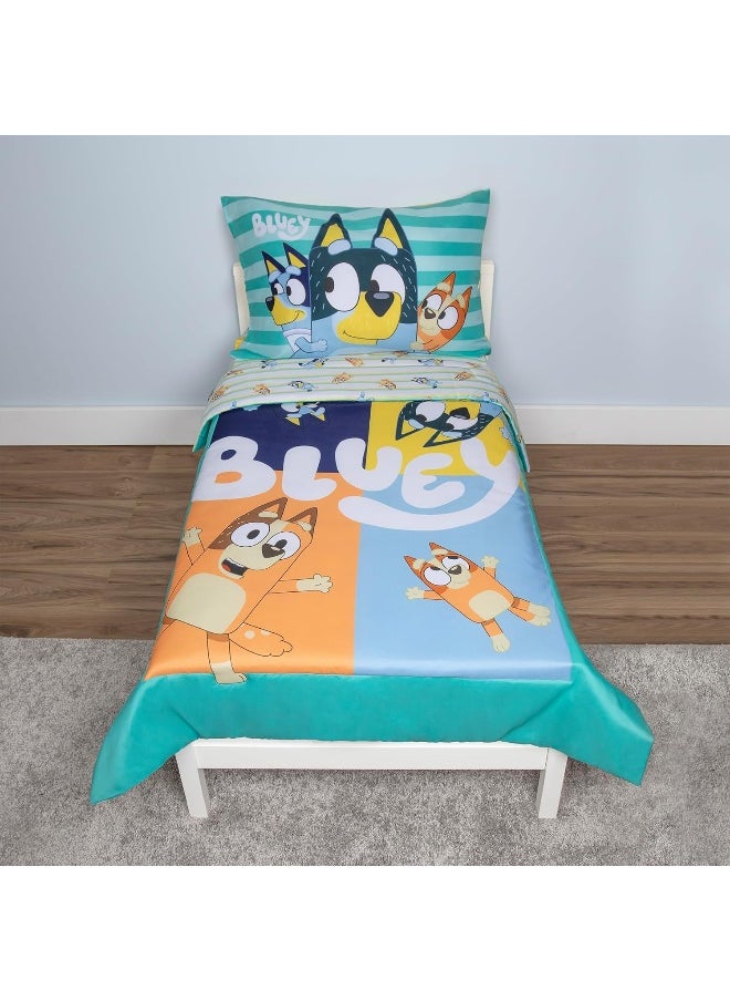 BLUEY Bluey 4 Piece Toddler Bedding Set – Includes Comforter, Sheet Set – Fitted + Top Sheet + Reversible Pillowcase for Boys Bed, Blue  - Image 1