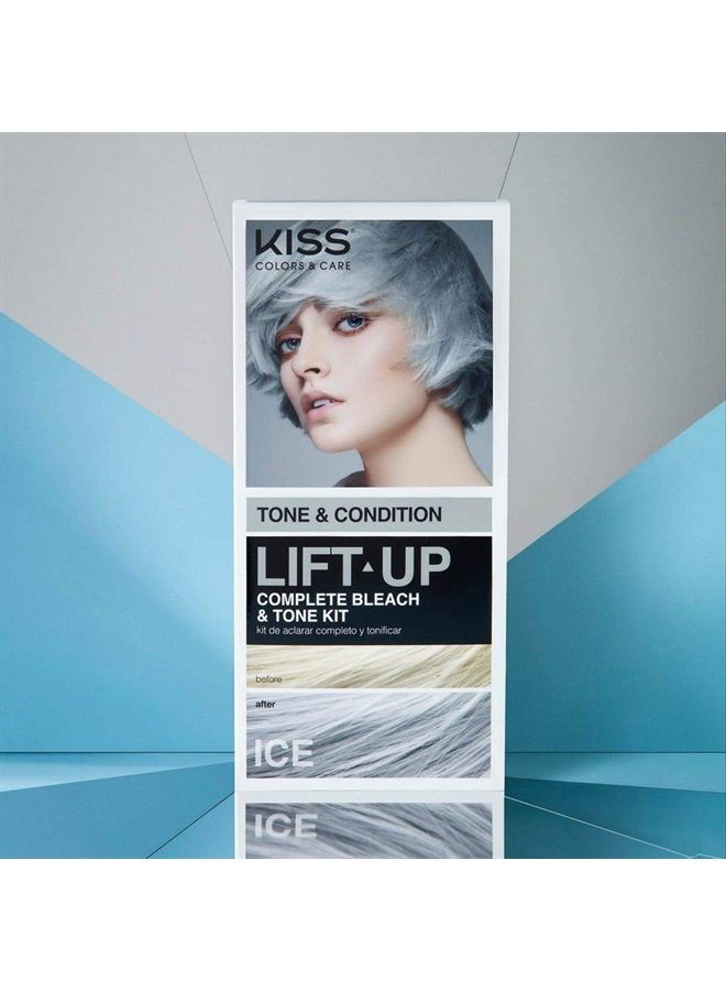 KISS Lift Up Complete Hair Bleach & Icy Silver Toner Kit, Gentle Conditioning Formula that Reduces Brassiness, Complete 6-Pc DIY Bleach Kit, ICE