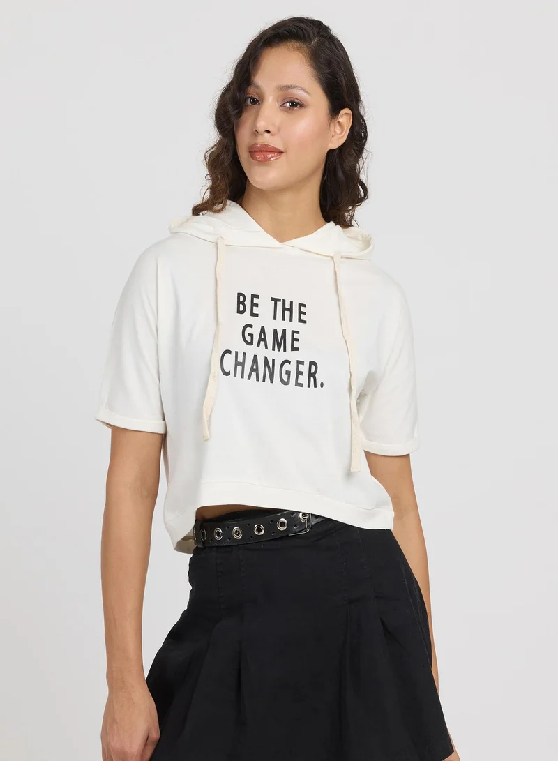 PINACOLADA Women's Cream White Game Changer Hooded Top For Casual Wear | Hooded Neck | Short Sleeve | Pull On Closure | Top Designed With Comfortable Fit For Woman & Girls
