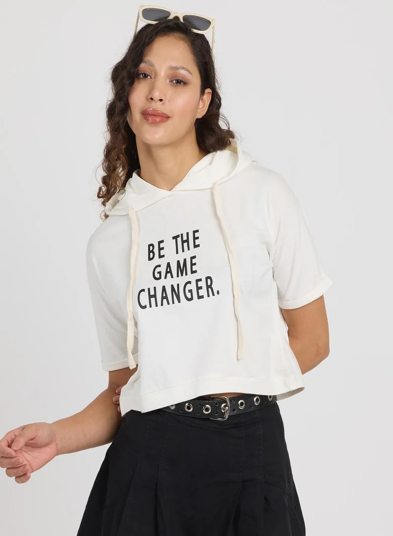 PINACOLADA Women's Cream White Game Changer Hooded Top For Casual Wear | Hooded Neck | Short Sleeve | Pull On Closure | Top Designed With Comfortable Fit For Woman & Girls