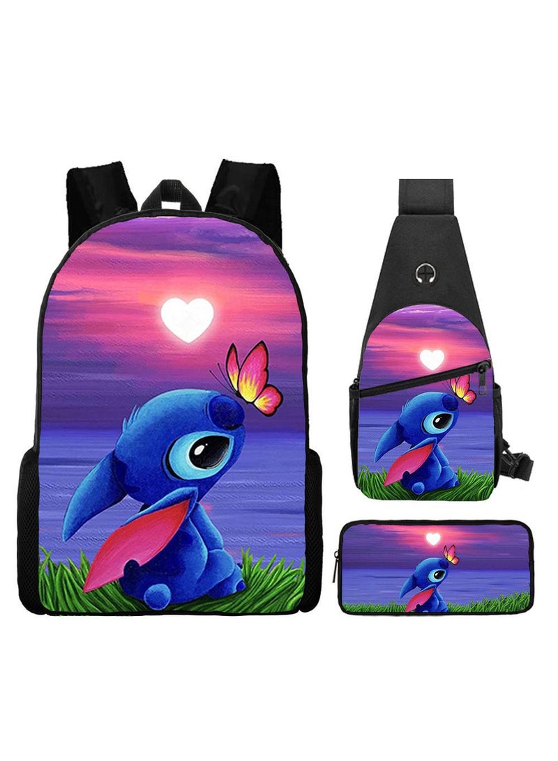 general 3-Piece Cartoon Stitch 3D Print Backpack Set - Image 1