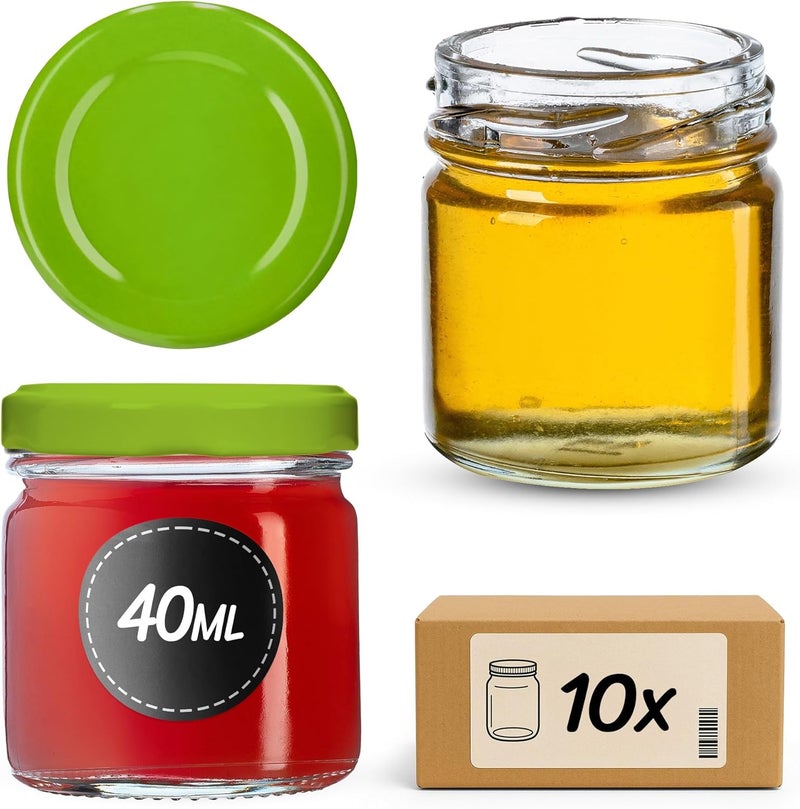 KADAX Set of 10 Mini Preserving Jars, 40 ml with TO43 Screw Lid, Green, Spice Jars, Tasting Jars & Jam Jars, Airtight & Dishwasher Safe - Image 1