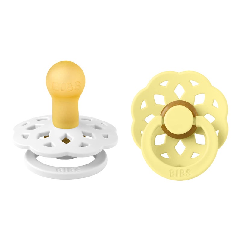 BIBS Boheme Pacifiers 2 Pack BPA Free Cherry Shape Nipple Natural Rubber Latex Made in Denmark |White/Sunshine | Size 0-6 Months - Image 1