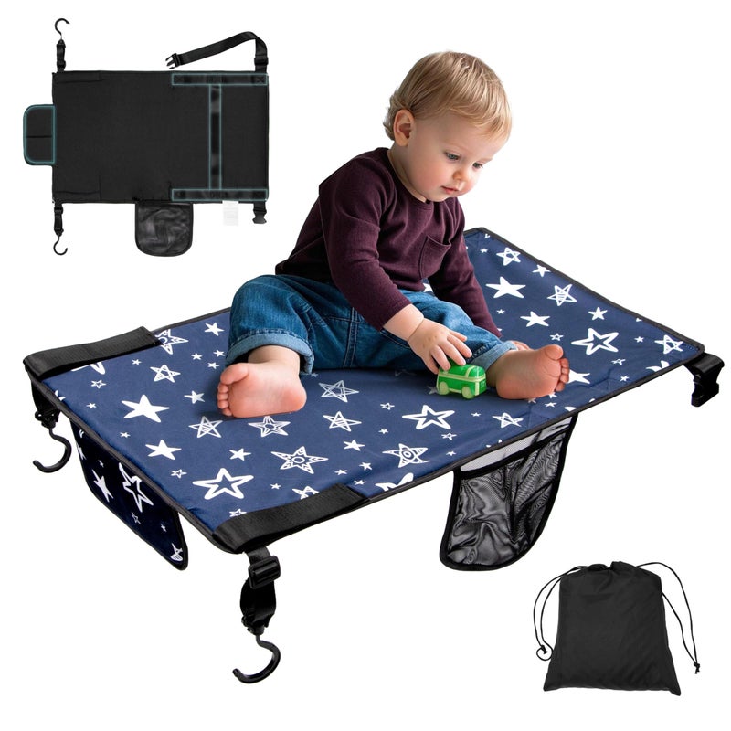 Tinlyfinly Toddler Airplane Bed, Soft Airplane Seat Extender for Kids, Baby Flight Portable Hammock Bed with Fasten Hook and Insert, Airplane Travel Essentials Kids, Anti-Slip - Plain, Dark Blue - Image 1