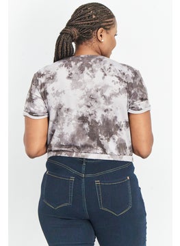 Bar III Women Round Neck Cuffed Sleeve Tie Dye Cropped Top, Grey  - Image 3