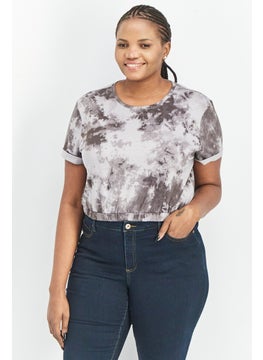 Bar III Women Round Neck Cuffed Sleeve Tie Dye Cropped Top, Grey  - Image 1