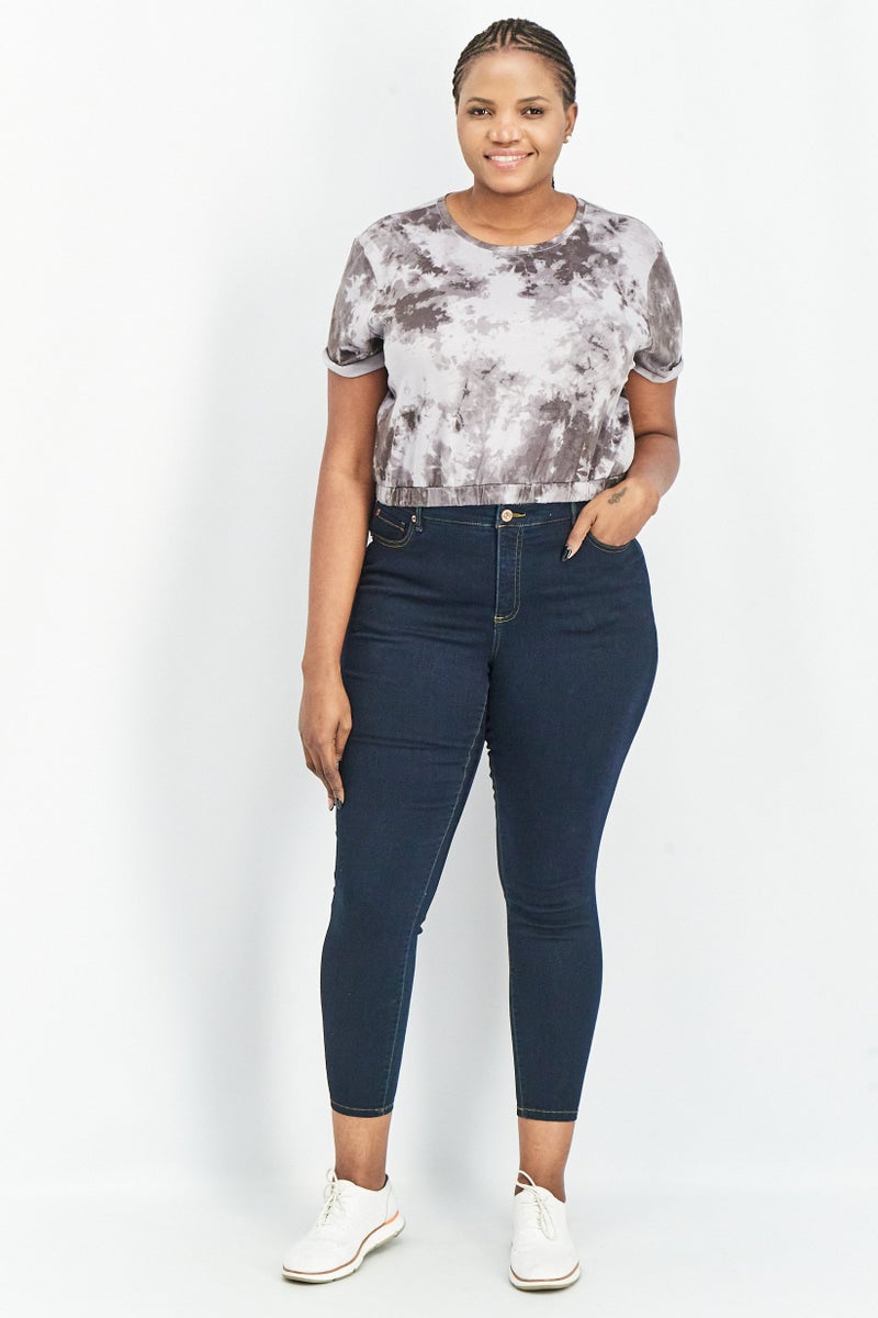 Bar III Women Round Neck Cuffed Sleeve Tie Dye Cropped Top, Grey - Image 4