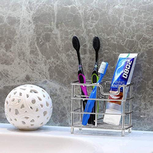 Tagve Stainless Steel Bathroom Toothbrush Holder Stand Sturdy Storage with Multi-Functional 5 Slots (Small, Silver) - Image 2