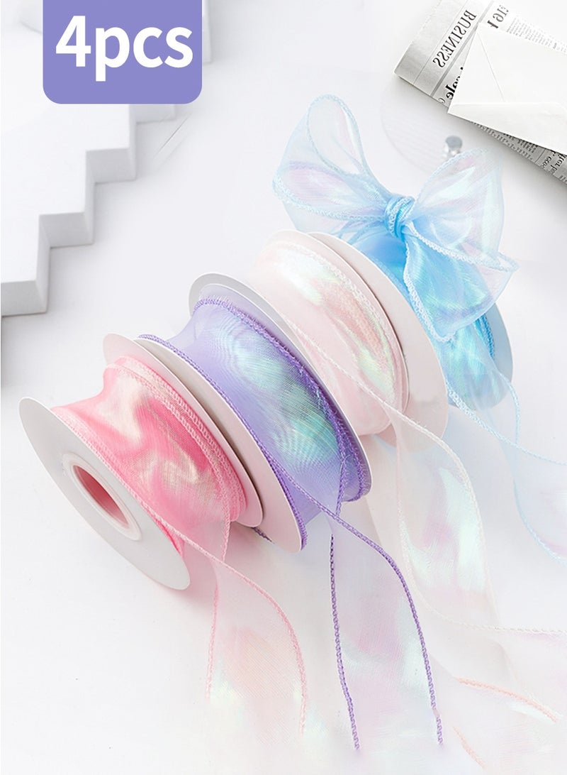 BEIRUI 4 rolls of illusion sash, DIY cake chiffon ribbon, wedding flower bow decoration, suitable for birthday, wedding, holiday, party, gift packaging, etc. (9 meters per roll) - Image 1