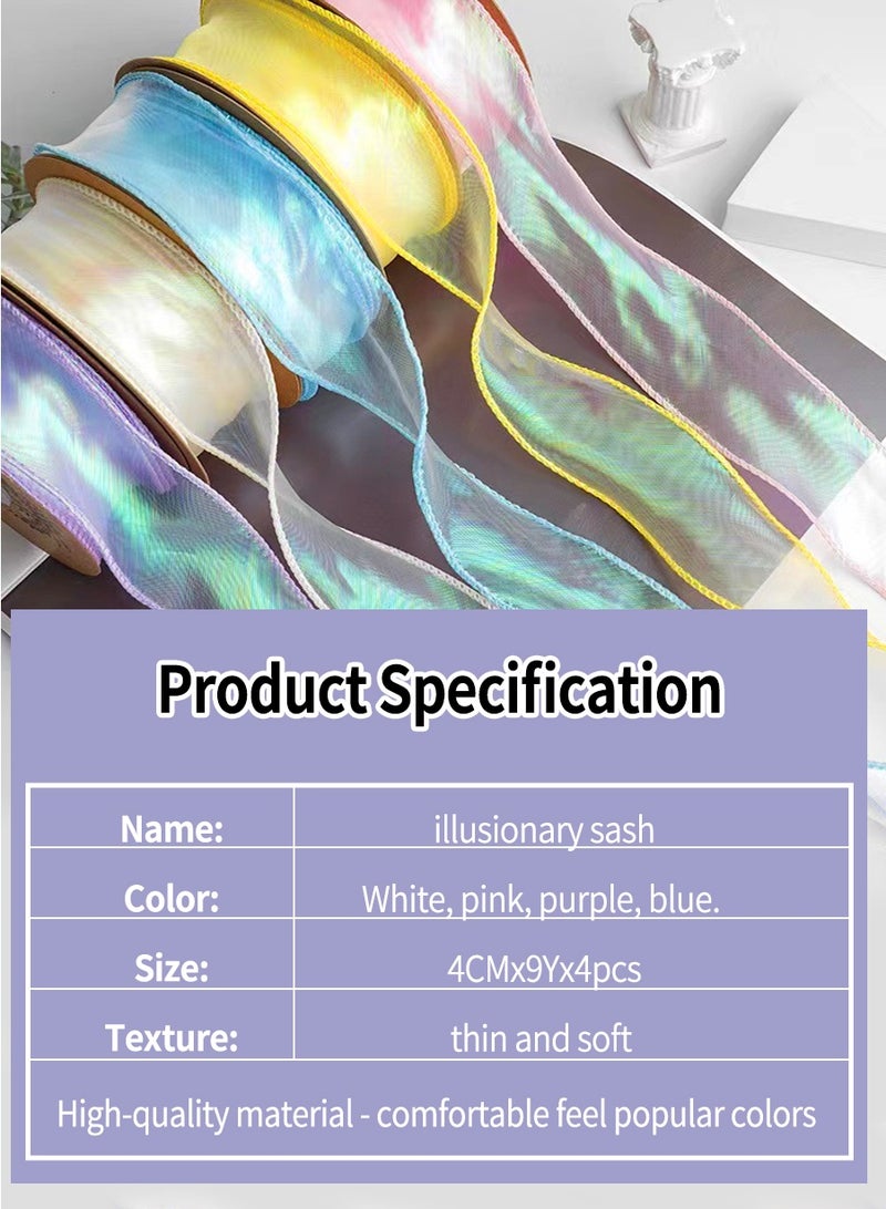 BEIRUI 4 rolls of illusion sash, DIY cake chiffon ribbon, wedding flower bow decoration, suitable for birthday, wedding, holiday, party, gift packaging, etc. (9 meters per roll) - Image 2