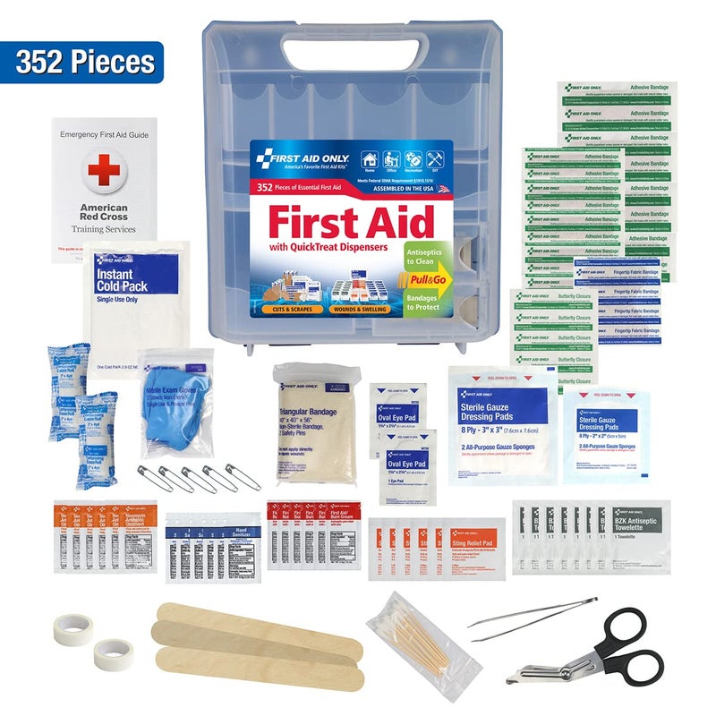 First Aid Only 91268 موزع QuickTreat مجموعة الإسعافات الأولية الطارئة للمنزل والعمل والسفر 352 قطعة - Image 2