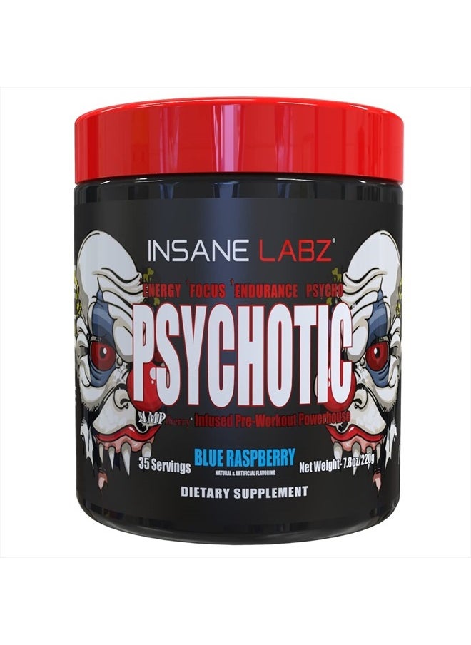 Insane labz Psychotic, High Stimulant Pre Workout Powder, Extreme Lasting Energy, Focus and Endurance with Beta Alanine, Creatine Monohydrate DMAE, 35 Srvgs (Blue Raspberry)  - Image 1