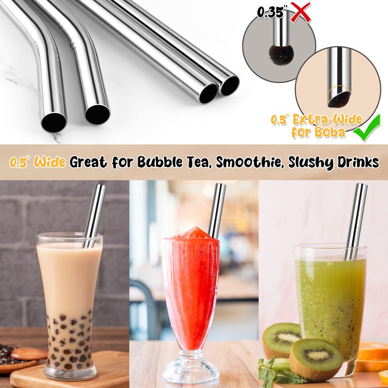 NiHome 4-Pack Stainless Steel Smoothie/Milkshake Straws, 0.5'' Extra Wide Reusable Metal Straw, Extra Long Straight & Bent Drinking Straws for Boba, Thick Beverages, Cold Drinks, 1 Brush (Silver) - Image 2