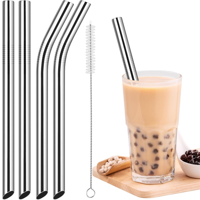 NiHome 4-Pack Stainless Steel Smoothie/Milkshake Straws, 0.5'' Extra Wide Reusable Metal Straw, Extra Long Straight & Bent Drinking Straws for Boba, Thick Beverages, Cold Drinks, 1 Brush (Silver) - Image 1