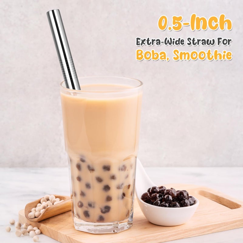 NiHome 4-Pack Stainless Steel Smoothie/Milkshake Straws, 0.5'' Extra Wide Reusable Metal Straw, Extra Long Straight & Bent Drinking Straws for Boba, Thick Beverages, Cold Drinks, 1 Brush (Silver) - Image 4